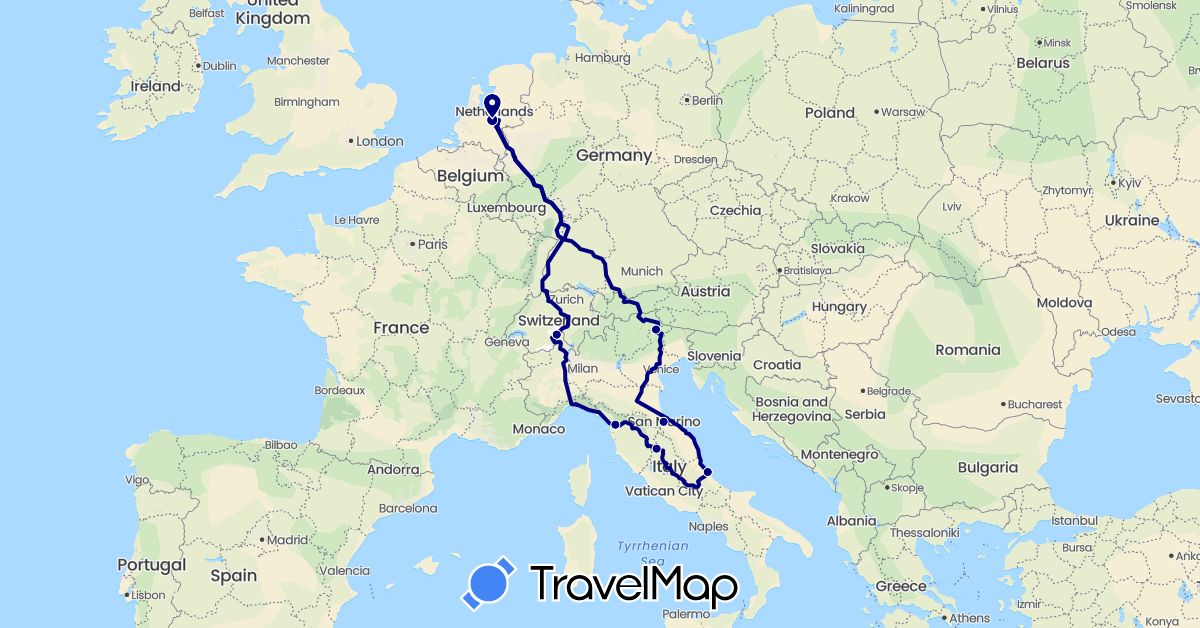 TravelMap itinerary: driving in Switzerland, Italy, Netherlands, San Marino (Europe)